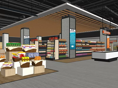 Well Organized Supermarket Interior With Fresh Fruits Display And Product Shelves 3d model