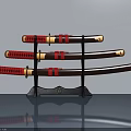 Three Samurai Swords With Red Straps On Black Stand Smooth Gray Surface Reflection