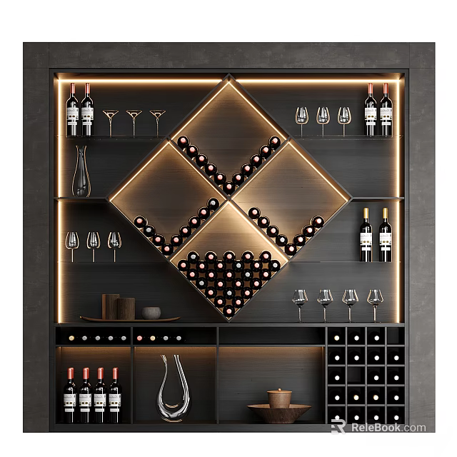 Modern Wine Cabinet with Wine Bottles Storage Glasses Display and Lighting Design 3d model 