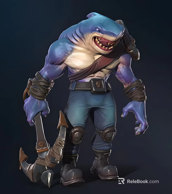Muscular Shark Humanoid Warrior with Blue White Body Leather Belt and Weapons 3d model 