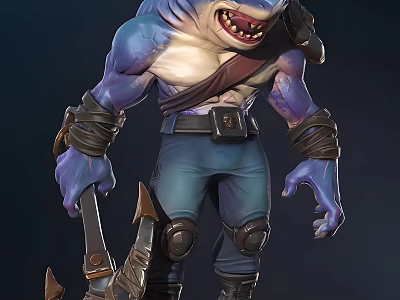 Muscular Shark Humanoid Warrior with Blue White Body Leather Belt and Weapons 3d model