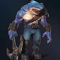 Muscular Shark Humanoid Warrior with Blue White Body Leather Belt and Weapons