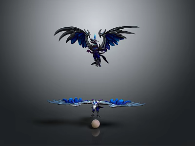 Mythical Winged Creatures With Large Black Blue And Smaller White Blue Wings Above Egg 3d model