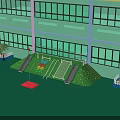 Green Kindergarten Building With Outdoor Playground Slides Colorful Rings Grass Lawn And Red Flag