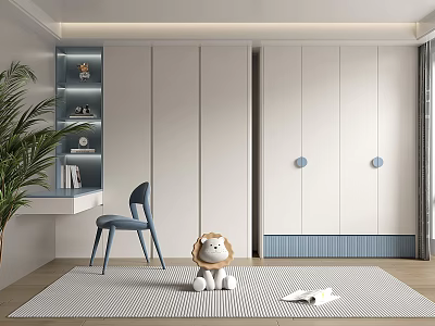 Modern White Wardrobe With Blue Circular Accents In Contemporary Bedroom Featuring Desk Chair And Carpet 3d model