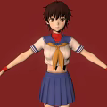 Anime School Girl Character In Sailor Uniform With Red Scarf Blue Skirt And Red Background