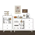 Modern White Sideboards With Glass Doors Rattan Details Coffee Machine Fruits And Wall Art