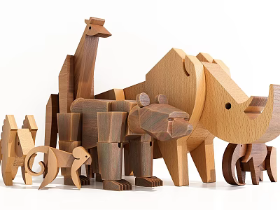 Wooden Animal Blocks Set with Giraffe Lion Rhino Monkey Elephant Shapes 3d model