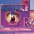 Pink Container Building With Large Wonderland Screen And People In Evening Plaza