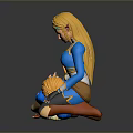 Blue Clad Golden Haired Characters Scene With Standing Supporting Prone Figure On Reflective Surface