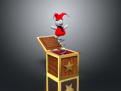 Jester Doll Popping Out Of Open Spring Loaded Wooden Box With Gold Star Decoration 3d model