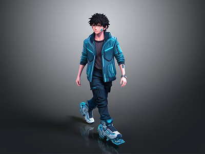 Stylish Man With Black Hair In Blue Jacket Black Shirt Dark Pants And Blue Sneakers 3d model