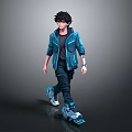 Stylish Man With Black Hair In Blue Jacket Black Shirt Dark Pants And Blue Sneakers