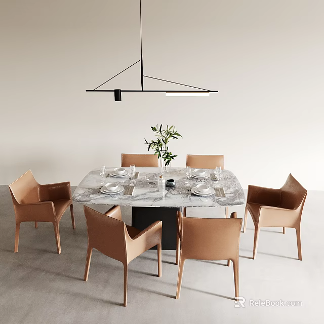 Modern Dining Table and Chair Set with Marble Tabletop Beige Chairs and Hanging Lamp 3d model 