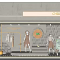 CHILLCHAN Window Display with Mannequins Dresses Hanging Clothes Grid Decor and Circular Elements 3d model