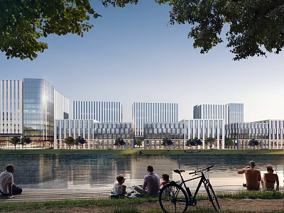 Modern Office Complex By Lake With Scenic Landscape And Leisure Space 3d model