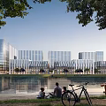 Modern Office Complex By Lake With Scenic Landscape And Leisure Space