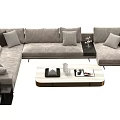 Modern Light Gray Sectional Sofa With Dark Brown Throw Pillows And Coffee Table Decor 3d model