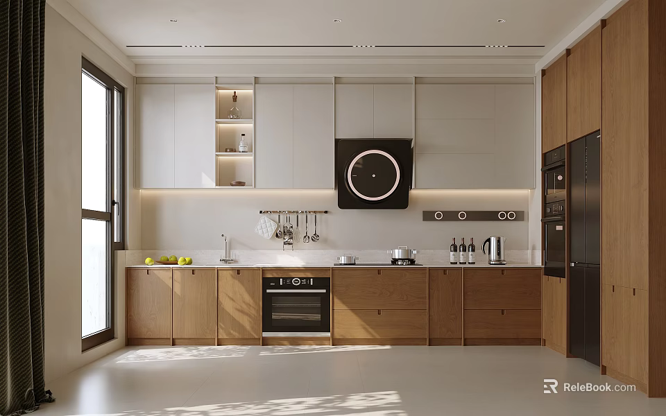 Modern Kitchen Interior Design With White Wooden Cabinets Range Hood And Natural Light 3d model 