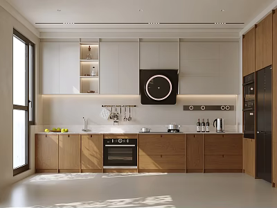 Modern Kitchen Interior Design With White Wooden Cabinets Range Hood And Natural Light 3d model
