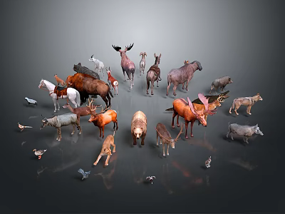 Various Animal Models With Horses Deer Bears Birds In Different Colors Arranged On Dark Background 3d model