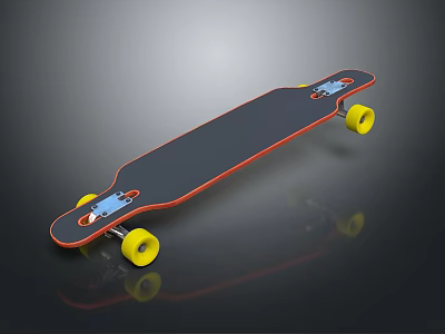 Stylish Longboard Skateboard With Black Deck Red Edge And Yellow Wheels 3d model