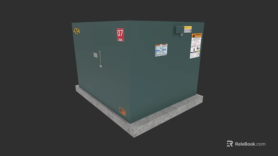 Green Equipment Unit With Numbers 07 524 Stickers And Concrete Base 3d model 