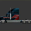 Dark Blue Heavy Duty Truck With Metallic Red Stripes Cab Front Grille And Roof Structures
