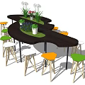 Modern Bar Counter Design With Green Plants Decorations And Colorful Stools