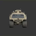 Sand Colored Military Off Road Vehicle With Large Tires And Roof Mounted Equipment