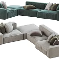 Modern Sectional Sofa In Deep Green And Light Gray With Decorative Pillows 3d model