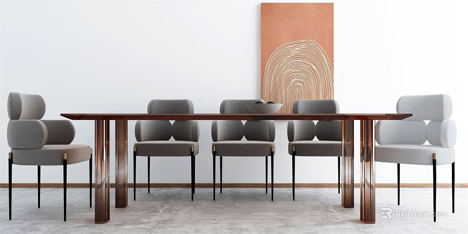Modern Dining Table Set With Wooden Table Gray Chairs And Orange Abstract Wall Art 3d model 