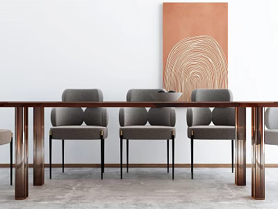 Modern Dining Table Set With Wooden Table Gray Chairs And Orange Abstract Wall Art 3d model