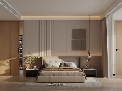 Modern Minimalist Bedroom Interior With Upholstered Bed Wooden Nightstand And Area Rug 3d model