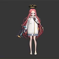 Anime Style Magical Character With Pink Long Hair Golden Halo White Coat Holding Mechanical Weapon