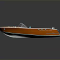 Modern Wooden Speedboat with Orange Brown Planks Blue Seats and Metal Accents