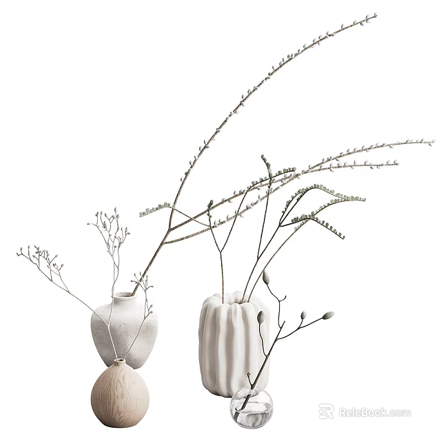 Minimalist White Ceramic Vases With Dried Twigs And Decorative Flowers For Home Decor 3d model 