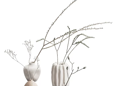 Minimalist White Ceramic Vases With Dried Twigs And Decorative Flowers For Home Decor 3d model