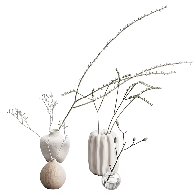 Minimalist White Ceramic Vases With Dried Twigs And Decorative Flowers For Home Decor 3d model