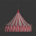 Pink And White Striped Circus Tent With Red Cone Tops Colorful Flags And String Lights
