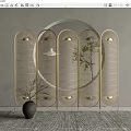 Modern Gold Metal Room Divider With Arched Lattice Design And Potted Plant