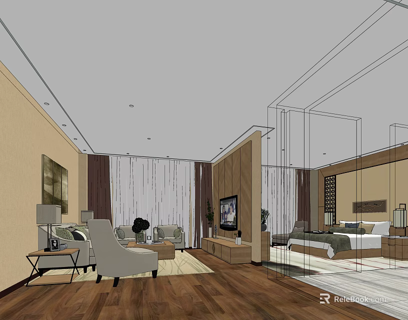 Elegant Hotel Guest Room Interior With Comfortable Bed Sofa TV And Wooden Flooring 3d model 