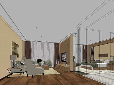 Elegant Hotel Guest Room Interior With Comfortable Bed Sofa TV And Wooden Flooring 3d model