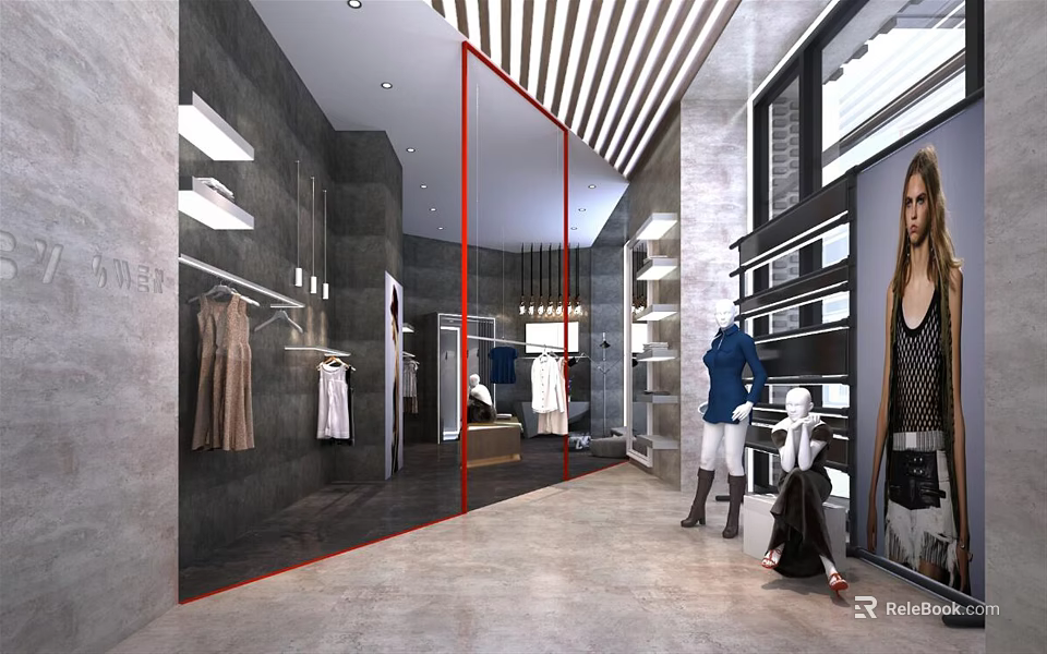Modern Clothing Store Interior With Clothing Racks Mannequins And Display Shelves 3d model 