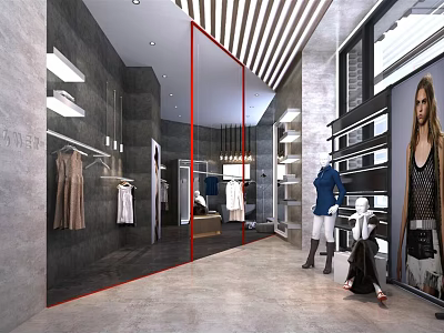 Modern Clothing Store Interior With Clothing Racks Mannequins And Display Shelves 3d model