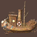 Fish Shaped Sailboat With Large Eyes Sharp Teeth Rusty Metal Small Windows Chimney And Lifebuoy