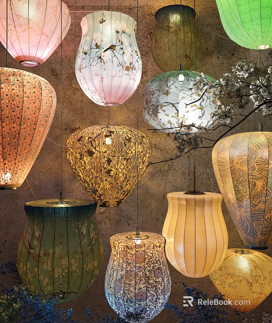 Colorful Intricate Patterned Hanging Decorations with Unique Shapes and Designs 3d model 