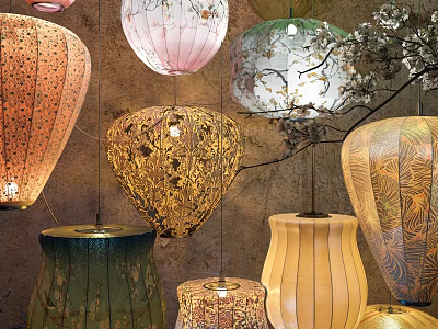 Colorful Intricate Patterned Hanging Decorations with Unique Shapes and Designs 3d model