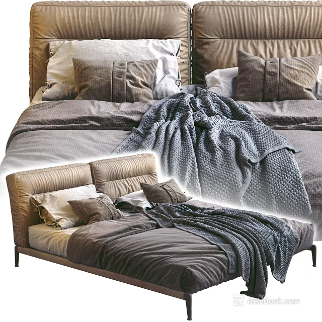 Modern Double Bed With Neutral Bedding Soft Gray Blanket And Plush Pillows 3d model 