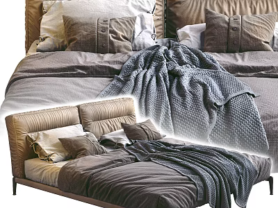 Modern Double Bed With Neutral Bedding Soft Gray Blanket And Plush Pillows 3d model